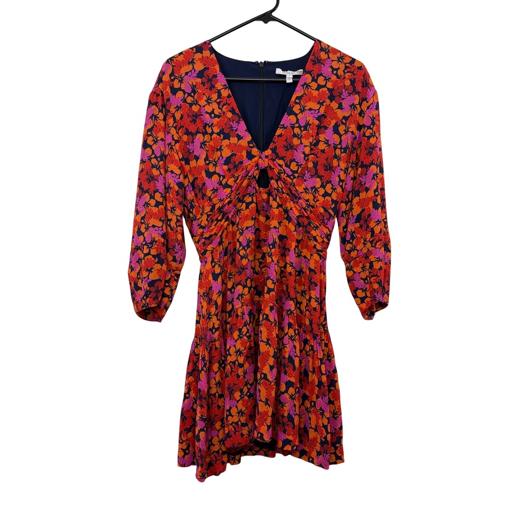 Derek Lam 10 Crosby Dress Womens 6 Orange Pink Floral Ruched Tiered Mini V-Neck